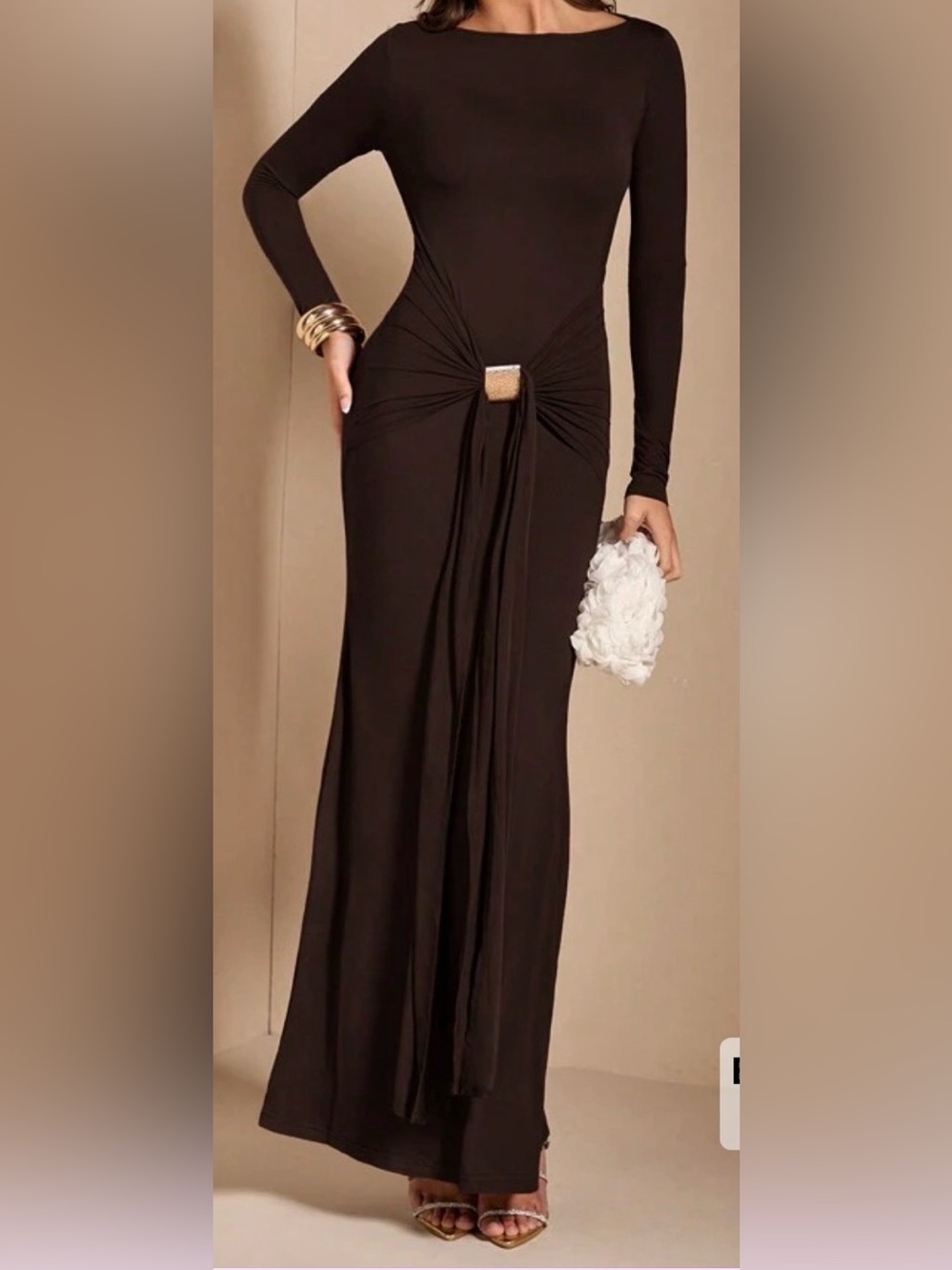 SHEIN Black Maxi Dress with Center Drape and Gold Accent